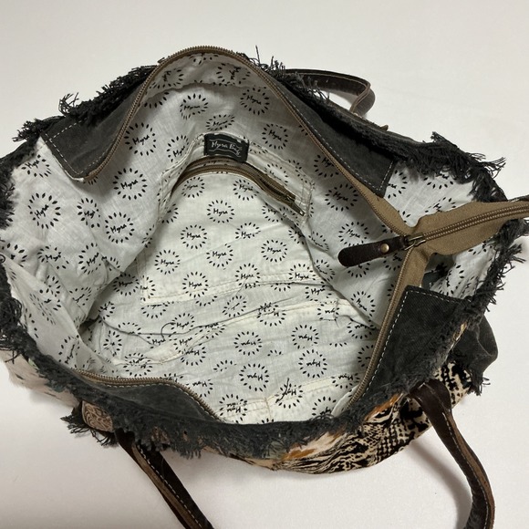 Myra Bag Patchwork Tote Bag Canvas Leather Hide Prints Fringed Boho Chic - Picture 7 of 9